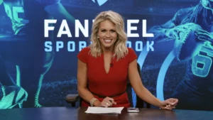 Custom-built sports broadcast set for FanDuel Super Bowl commercial featuring Phil Simms and Boomer Esiason, produced by Evolution, a full-service video production company and creative agency for global brands.