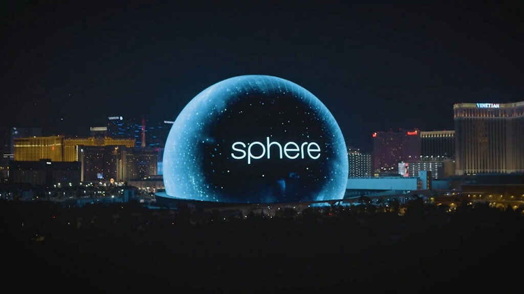 Sphere Las Vegas exterior view displaying immersive branded content produced by Evolution for the venue's exosphere screen.