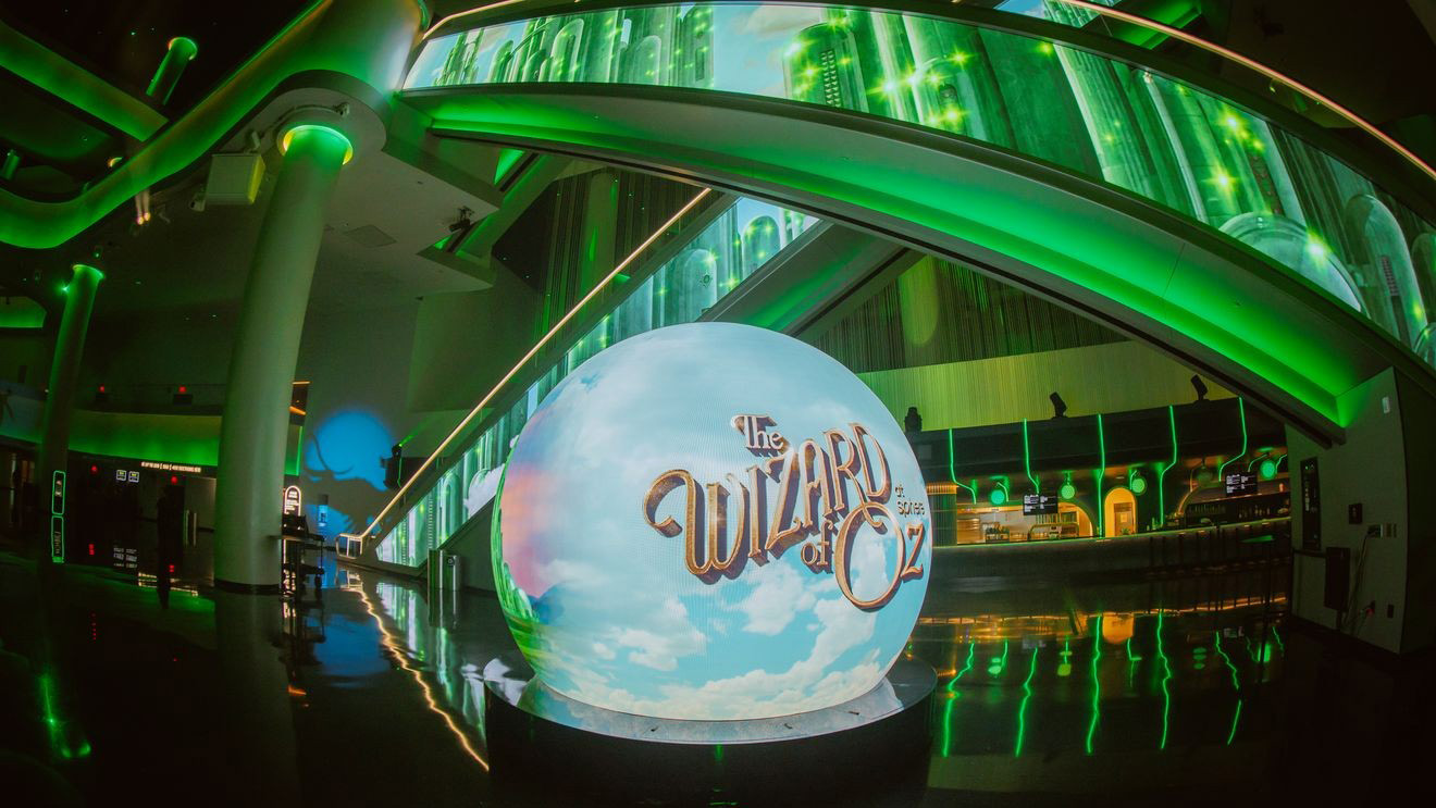 Pre-visualization rendering of Sphere Las Vegas interior motion graphics demonstrating content scale and architectural integration.